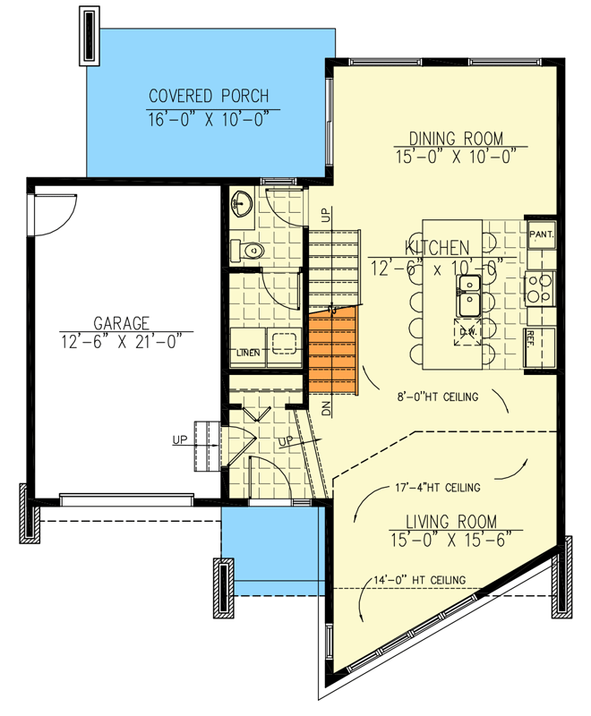 Plan 90345PD: Contemporary 2-Story Home Plan with Single Garage and Covered Porch - Floor Plan - Main Level - Contemporary, Mid Century Modern, Modern