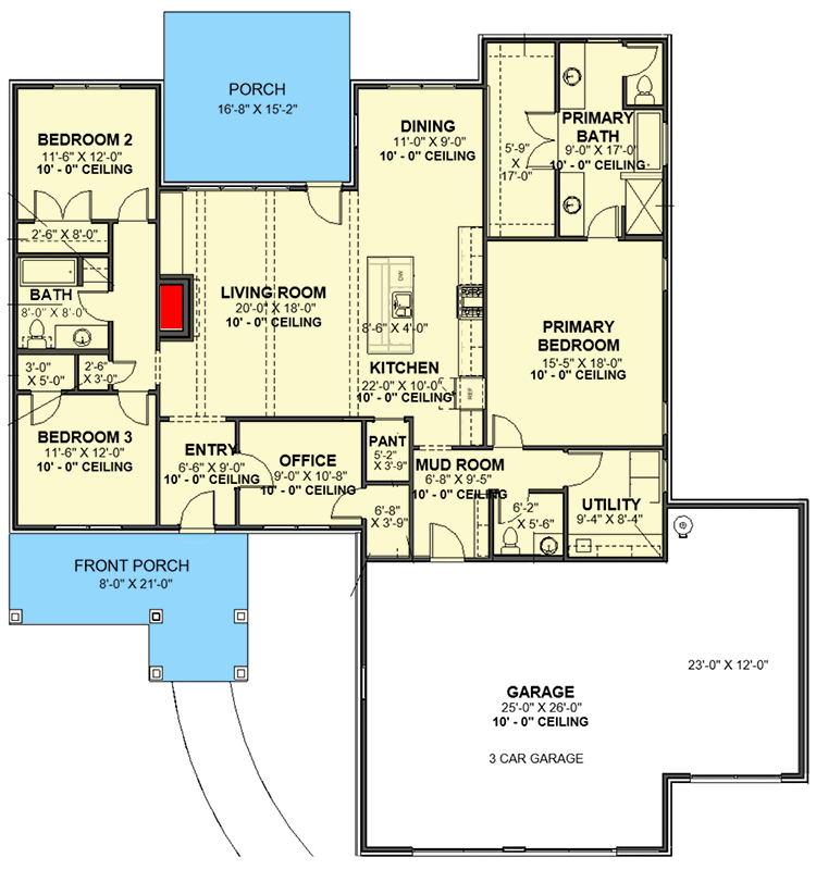 Plan 380002ASH: 3-Bed 2320 Square Foot Ranch Home Plan with 3-Car Garage - Floor Plan - Main Level - Ranch, Traditional