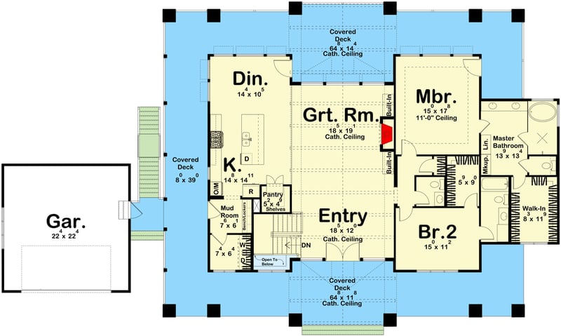 Plan 623249DJ: 2146 Square Foot 2-Bed Lake House Plan with Wraparound Deck and Vaulted Open Floor Plan - Floor Plan - Main Level - Country, Craftsman, Mountain, New American, Ranch