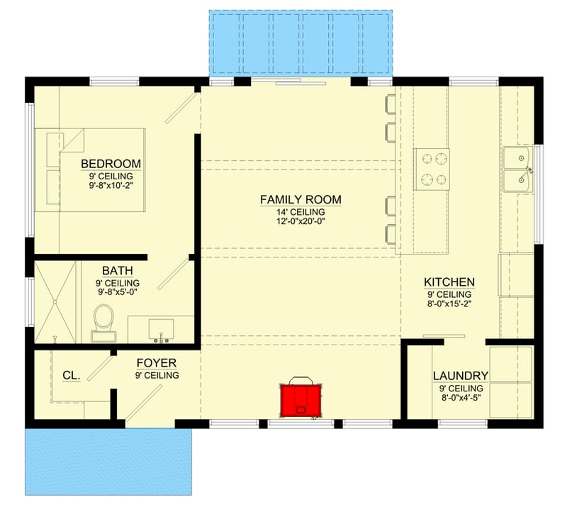 Plan 550001LAN: 651 Square Foot Modern Cabin with 14' Ceilings - Floor Plan - Main Level - Cabin, Mid Century Modern, Modern