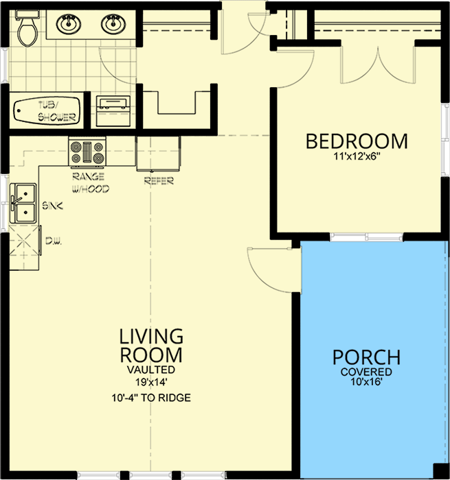Plan 267028SPK: Contemporary Tiny Home Plan with Vaulted Living Room - Floor Plan - Main Level - Contemporary, Modern, Northwest