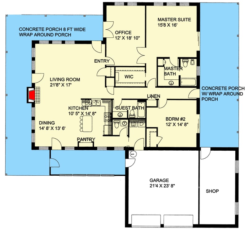Plan 35265GH: Craftsman Mountain Ranch House Plan with Two Bedrooms and Wrap-Around Porch - Floor Plan - Main Level - Craftsman, Mountain, Ranch