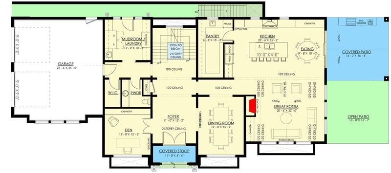 Plan 270078AF: Contemporary Shingle Style Farmhouse Plan with 4 Upstairs Vaulted Bedrooms - Floor Plan - Main Level - Colonial, Farmhouse, Modern Farmhouse, Shingle, Traditional