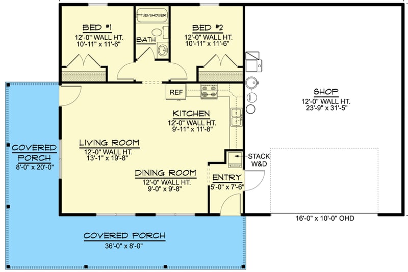 Plan 135236GRA: 896 Square Foot 2 Bedroom Barndominium-Style House Plan - Floor Plan - Main Level - Barndominium, Country, Hill Country, New American, Traditional