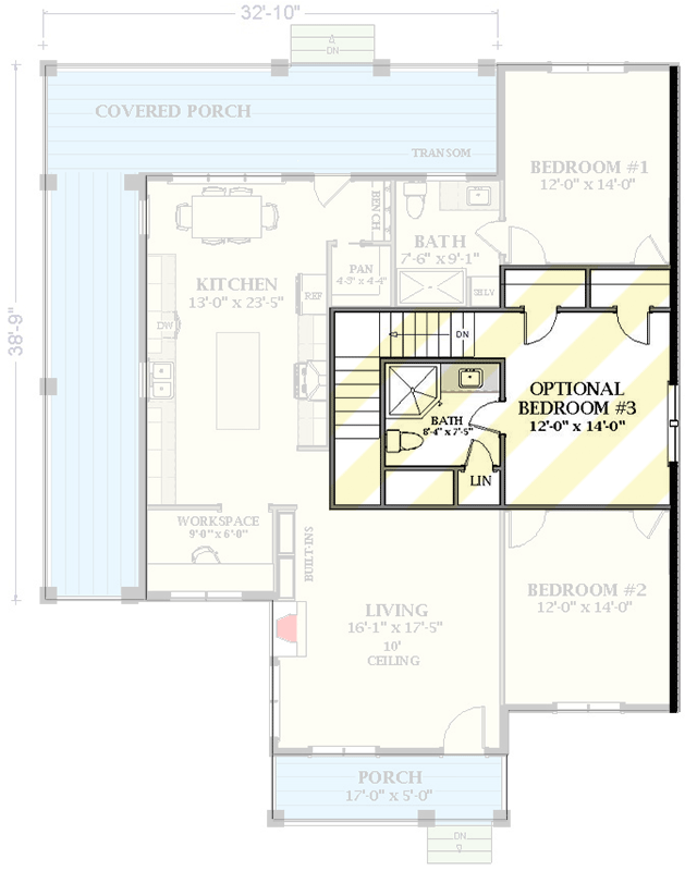 Plan 46489LA: Two Bed Country Home Plan with Third Bedroom Expansion Under 1600 Sq Ft - Floor Plan - Optional Second Level - Country, Southern Traditional, Traditional
