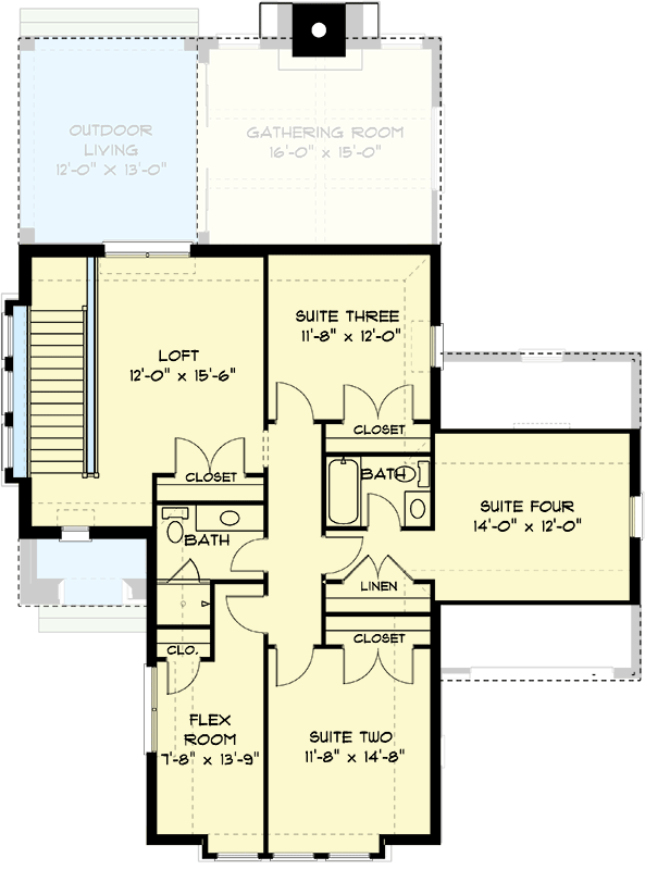 Plan 93195EL: 4 Bedroom 2486 Square Foot Transitional House Plan Upstairs Flex Room - Floor Plan - 2nd Floor - European, New American, Transitional