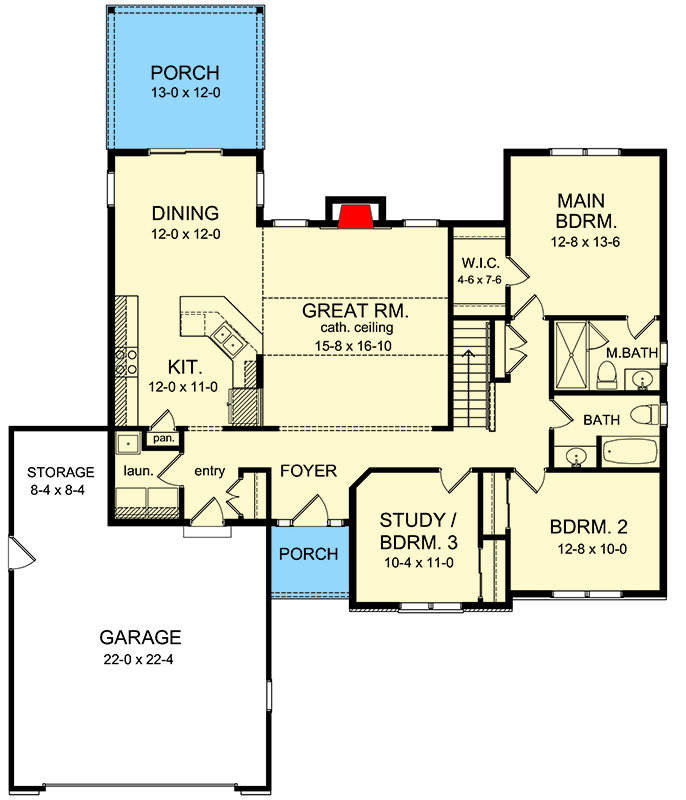 Plan 790144GLV: 1540 Square Foot One Level House Plan with Flex Room - Floor Plan - Main Level - Ranch, Traditional