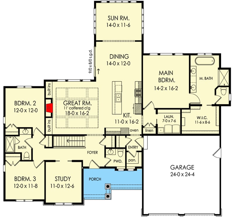 Plan 790148GLV: 2369 Square Foot 3-Bed House Plan with One-Level Living - Floor Plan - Main Level - Craftsman, New American, Ranch, Traditional