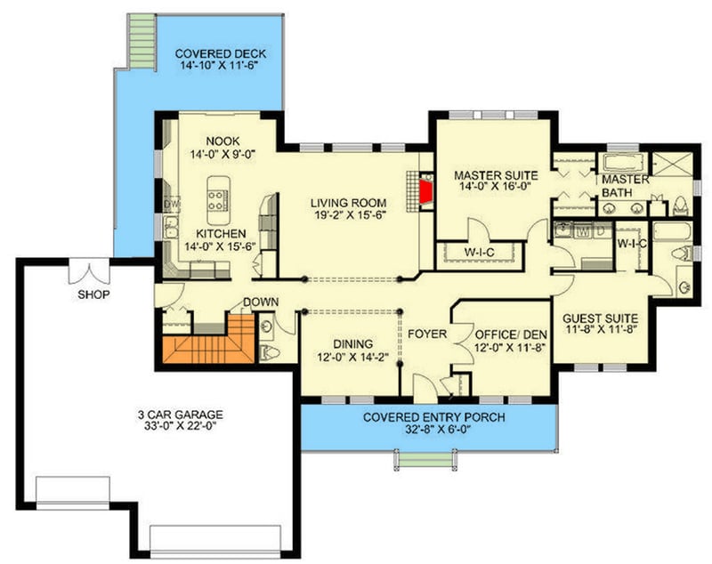 Plan 35290GH: Inviting Country Ranch House Plan with Den and Workshop - Floor Plan - Main Level - Country, Ranch