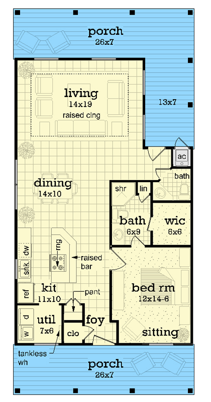 Plan 55231BR: 1001 Square Foot 1 Bed Cottage with 7-Foot Deep Front and Rear Porches - Floor Plan - Main Level - Cottage, Country, Traditional