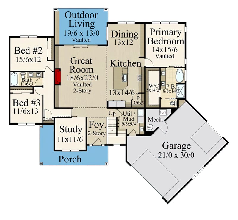 Plan 85427MS: Contemporary Rustic Country House Plan with Angled Drive-Through Garage - Floor Plan - Main Level - Country, Farmhouse, Modern Farmhouse, New American, Rustic