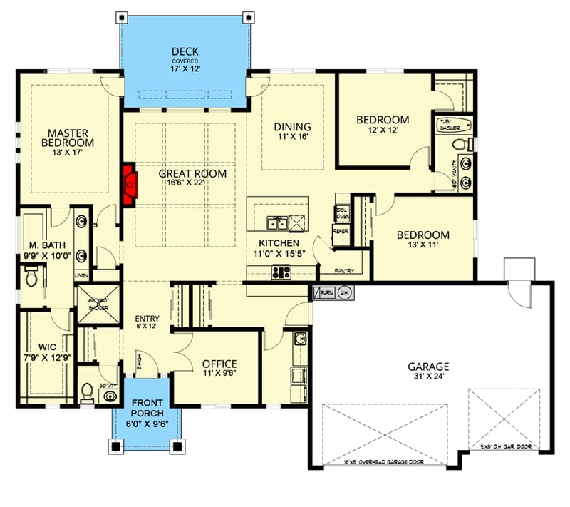 Plan 267029SPK: Contemporary One-Level House Plan with Home Office and a 3-Car Garage - Floor Plan - Main Level - Contemporary, Country, Craftsman, New American, Prairie, Ranch