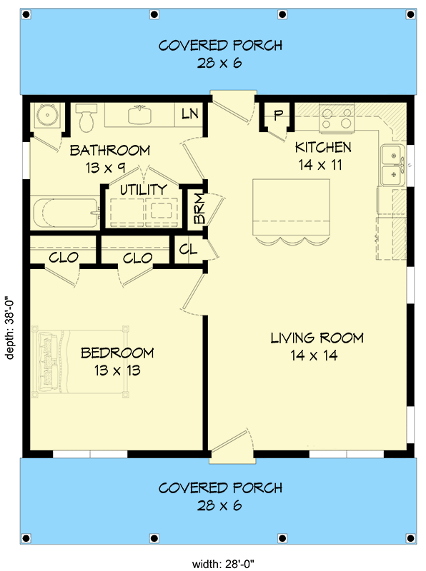 Plan 680152VR: 728 Square Foot One Bed Cottage with 6-Foot Deep Front and Back Porches - Floor Plan - Main Level - Cabin, Cottage, Traditional