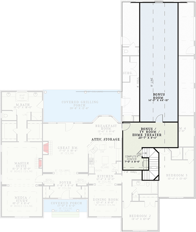 Plan 60719ND: 4-Bed Traditional House Plan with Brick Exterior and Bonus Room Under 3100 Sq Ft - Floor Plan - 2nd Floor - Traditional