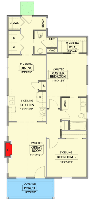 Plan 365040PED: 2 Bed House Plan Just Over 1000 Square Feet - Floor Plan - Main Level - Cottage, Country, Craftsman, Ranch, Traditional