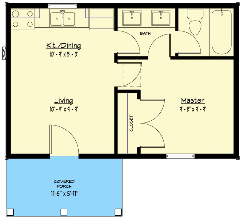 Plan 910091WHD: 384 Square Foot ADU with Covered Front Porch - Floor Plan - Main Level - Cottage, Traditional