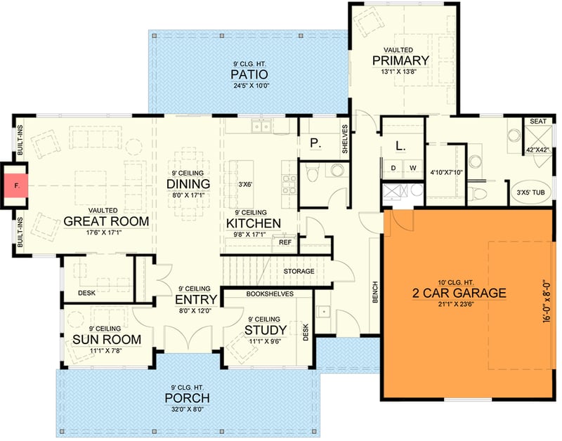 Plan 365043PED: New American Craftsman Plan with Front or Side Load Garage - Floor Plan - Main Level - 2 - Car Side Garage - Country, Craftsman, Modern Farmhouse, New American