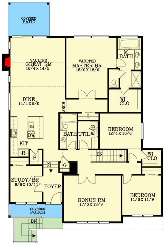 Plan 28102J: Northwest Craftsman Plan with Vaulted Great Room and Master Bedroom - Floor Plan - Main Level - Craftsman, Northwest, Traditional