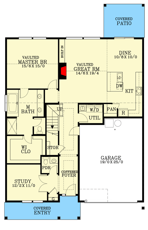 Plan 28109J: Craftsman House Plan with Two-Story Vaulted Great Room - Floor Plan - Main Level - Country, Craftsman, Northwest, Traditional