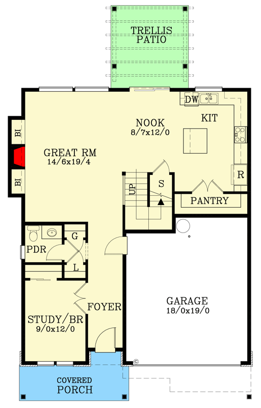 Plan 28113J: 2386 Square Foot 2-Story House Plan with Flex Room and 2-Car Garage - Floor Plan - Main Level - Craftsman, Traditional