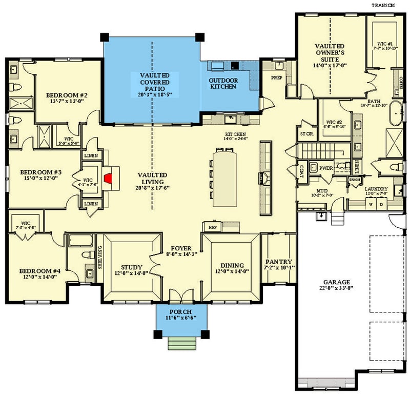 Plan 46494LA: Transitional Country House Plan with Study and Private Owner's Suite - 3637 Sq Ft - Floor Plan - Main Level - Country, New American, Transitional
