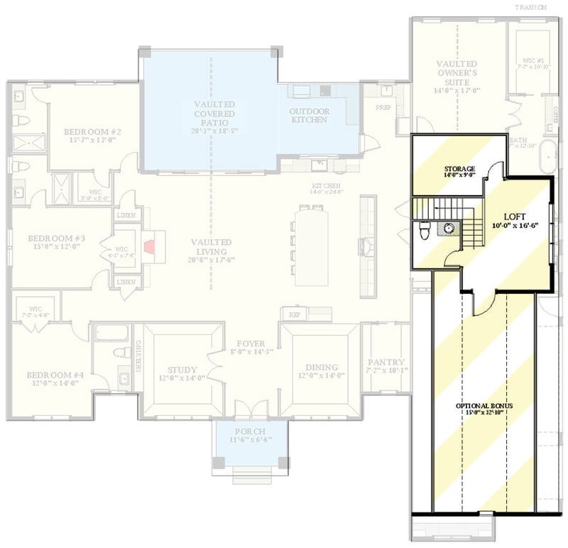 Plan 46494LA: Transitional Country House Plan with Study and Private Owner's Suite - 3637 Sq Ft - Floor Plan - 2nd Floor - Optionally Finished Bonus - Country, New American, Transitional