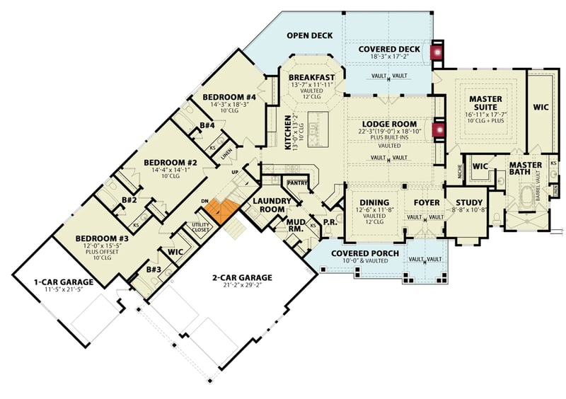 Plan 25814GE: 3400  Sq Ft Craftsman House Plan with Optional Upper and Lower Levels - Floor Plan - Main Level - Cottage, Country, Craftsman, Mountain, Rustic