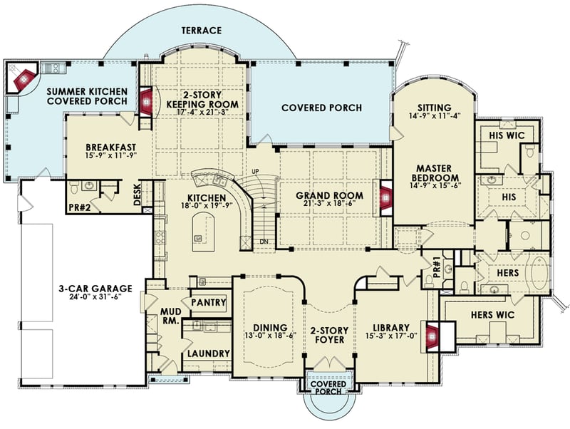 Plan 25815GE: 5985 Square Foot Luxury Home Plan with Two Bathrooms in the Main Floor Master Suite - Floor Plan - Main Level - European, Traditional