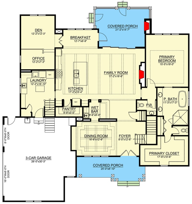 Plan 550013LAN: Fresh Country House Plan with Main-level Den or Office and Primary Bedroom - Floor Plan - Main Level - Country, New American, Traditional