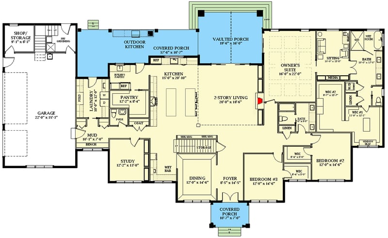 Plan 46495LA: Transitional Country House Plan with Deluxe Owner's Suite and Bonus Room Above Garage - 5491 Sq Ft - Floor Plan - Main Level - Country, Ranch, Southern, Transitional