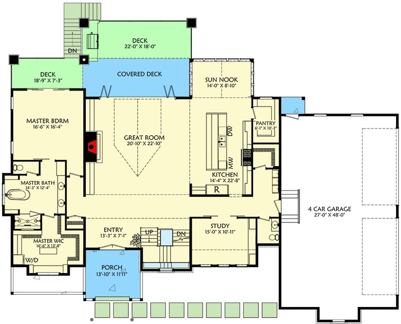 Plan 703005TYL: Transitional House Plan with Two Story Great Room and Lower Level with Home Theater - Floor Plan - Main Level - Contemporary, Transitional