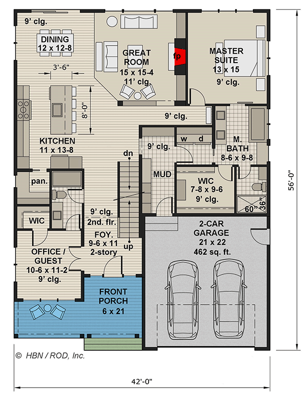 Plan 14764RK: 2543 Sq Ft 2-Story New American Farmhouse with Main Floor Flex Room - Floor Plan - Main Level - Country, Craftsman, Farmhouse, Modern Farmhouse, New American