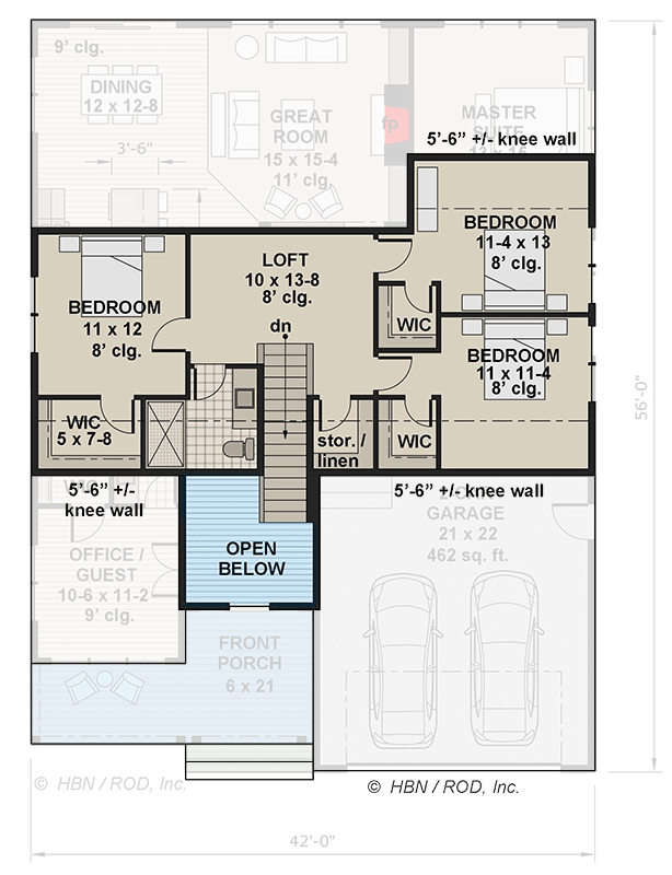 Plan 14764RK: 2543 Sq Ft 2-Story New American Farmhouse with Main Floor Flex Room - Floor Plan - 2nd Floor - Country, Craftsman, Farmhouse, Modern Farmhouse, New American