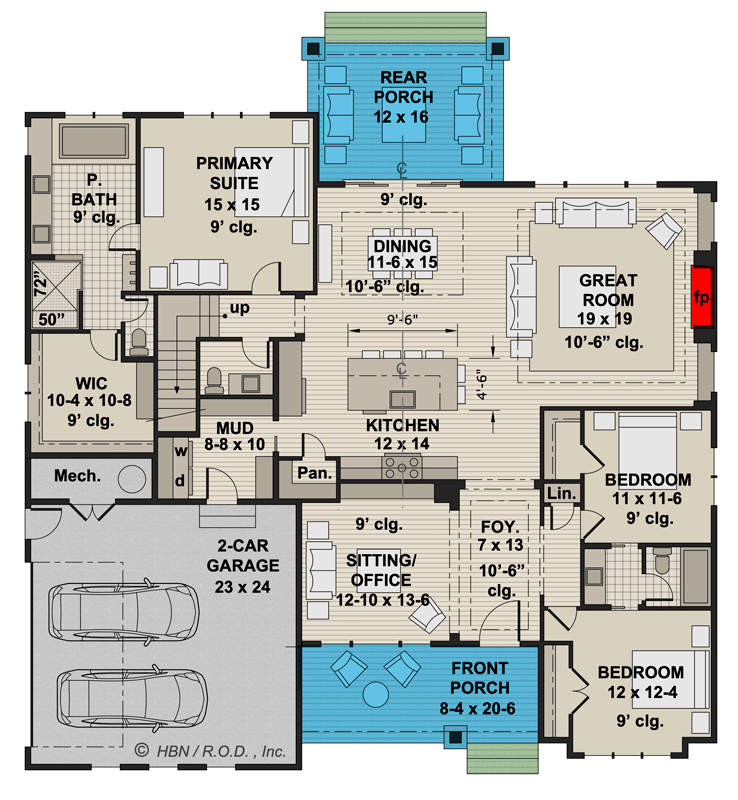 Plan 14767RK: New American Farmhouse Under 2400 Square Feet with Bonus Expansion - Floor Plan - Main Level - Country, Craftsman, Modern Farmhouse, New American
