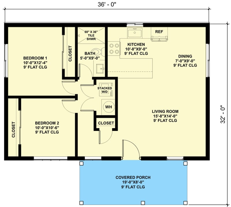 Plan 420101WNT: 2-Bed Mountain Ranch with Covered Front Porch - 864 Sq Ft - Floor Plan - Main Level - Cabin, Country, Mountain, New American, Ranch, Rustic