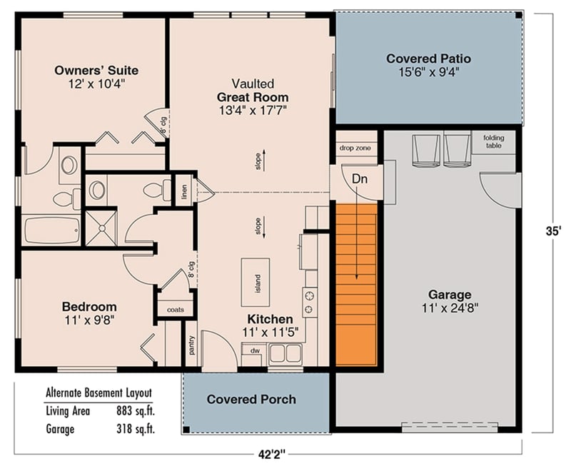 Plan 72390DA: Single-Story Home Plan with an Oversized 1-Car Garage - Floor Plan - Main Level - Basement Stairs Location - Prairie, Ranch, Traditional