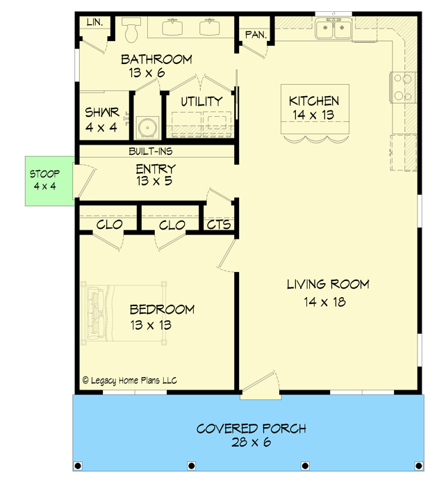 Plan 680176VR: One-Bed 865 Square Foot Country House Plan - Floor Plan - Main Level - Cottage, Country, Traditional