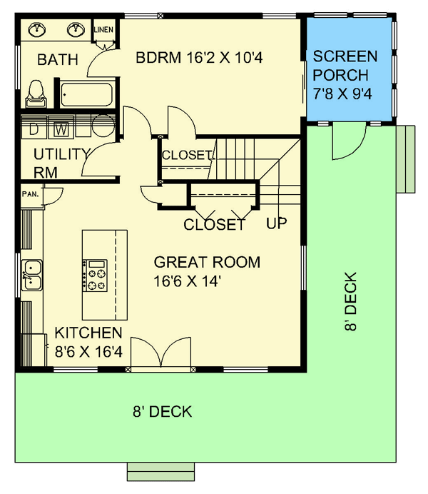 Plan 350049GH: Bungalow Just under 1200 Square Feet with Two-Story Great Room and Wraparound Deck - Floor Plan - Main Level - Bungalow, Cottage, Craftsman