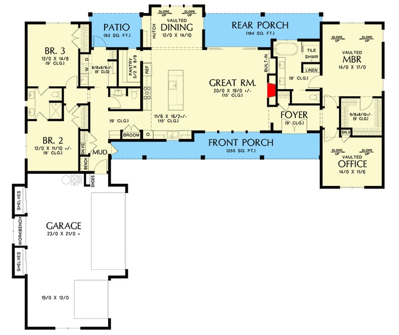 Plan 69806AM: 3-Bed New American Farmhouse Plan with Two-Story Great Room and a Home Office - 2456 Sq Ft - Floor Plan - Main Level - Country, Farmhouse, Modern Farmhouse, New American