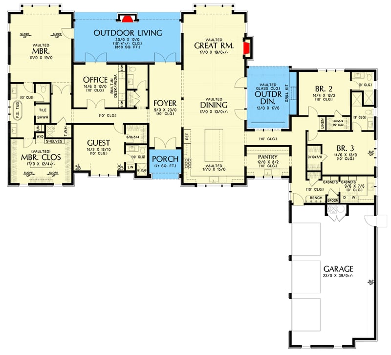 Plan 69808AM: 3704 Sq Ft Transitional Farmhouse with Home Office and Outdoor Dining Room with Glass Ceiling - Floor Plan - Main Level - European, Northwest, Ranch, Transitional