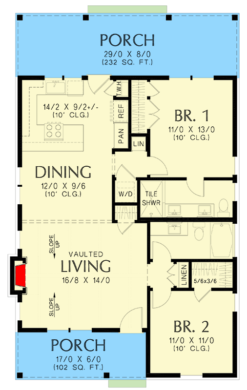 Plan 69813AM: 1058 Square Foot 2-Bed Cottage with Front and Rear Porches - Floor Plan - Main Level - Cabin, Cottage, Country, Modern Farmhouse, Traditional