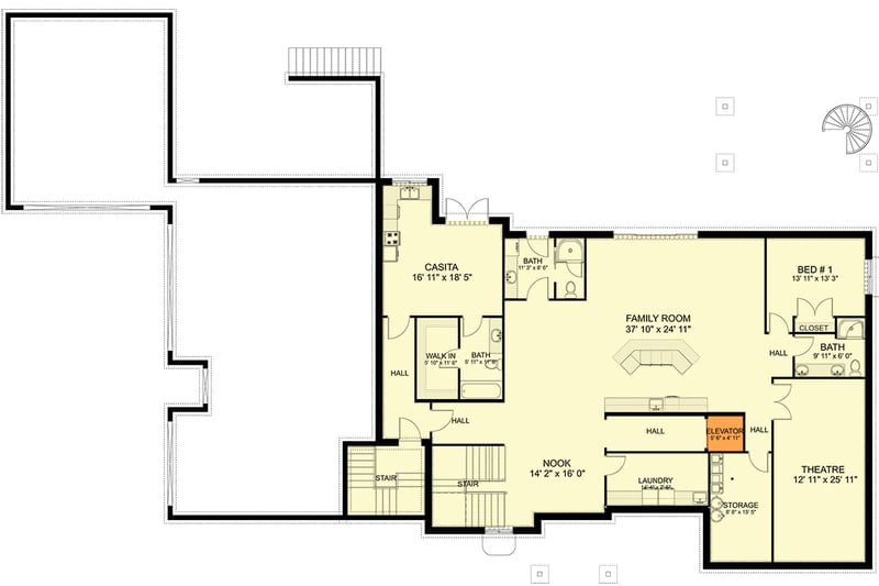Plan 61453UT: Transitional House Plan with Rooftop Deck and Two Home Offices - Floor Plan - Lower Level - Contemporary, European, Transitional, Tuscan