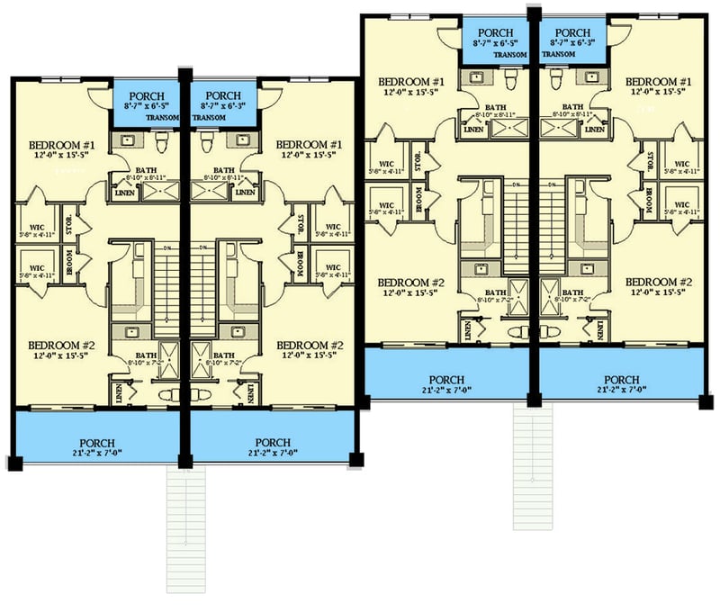 Plan 46502LA: Quadplex with Matching 2117 Square Foot 2 Bed Units Plus a Flex Room - Floor Plan - 2nd Floor - Contemporary, New American, Transitional