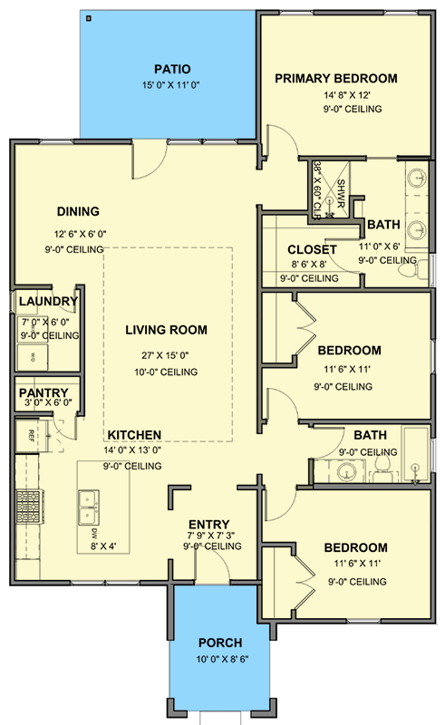 Plan 380009ASH: 1617 Square Foot 3 Bed Contemporary Cottage with Tray Ceiling in Living Room - Floor Plan - Main Level - Contemporary, Cottage, New American