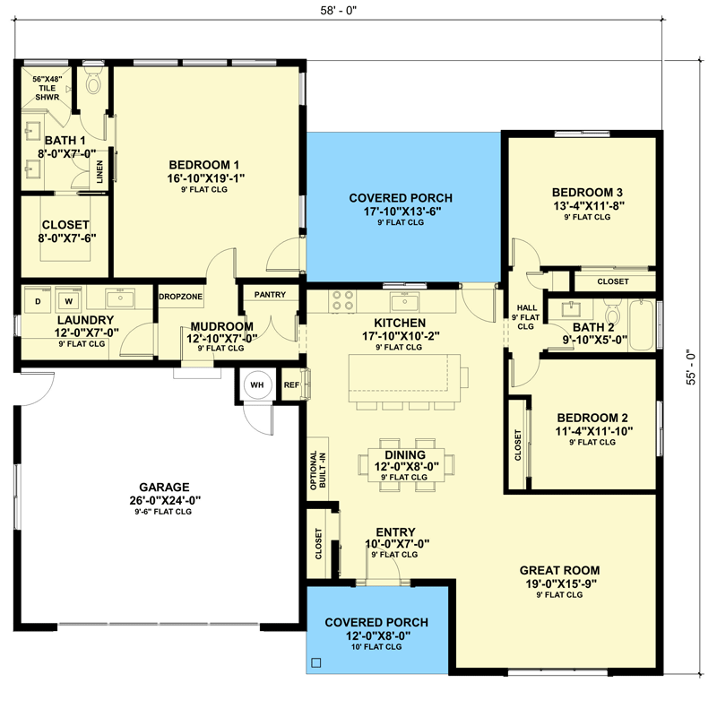 Plan 420108WNT: 3 Bed New American Cottage Under 2000 Square Feet with Large Rear Porch - Floor Plan - Main Level - Cabin, Cottage, Country, Craftsman, New American, Ranch