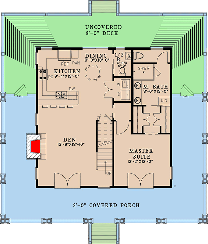 Plan 70854MK: 1660 Square Foot Rustic Country House Plan with Wraparound Porch and Deck - Floor Plan - Main Level - Cabin, Country, Mountain, Rustic