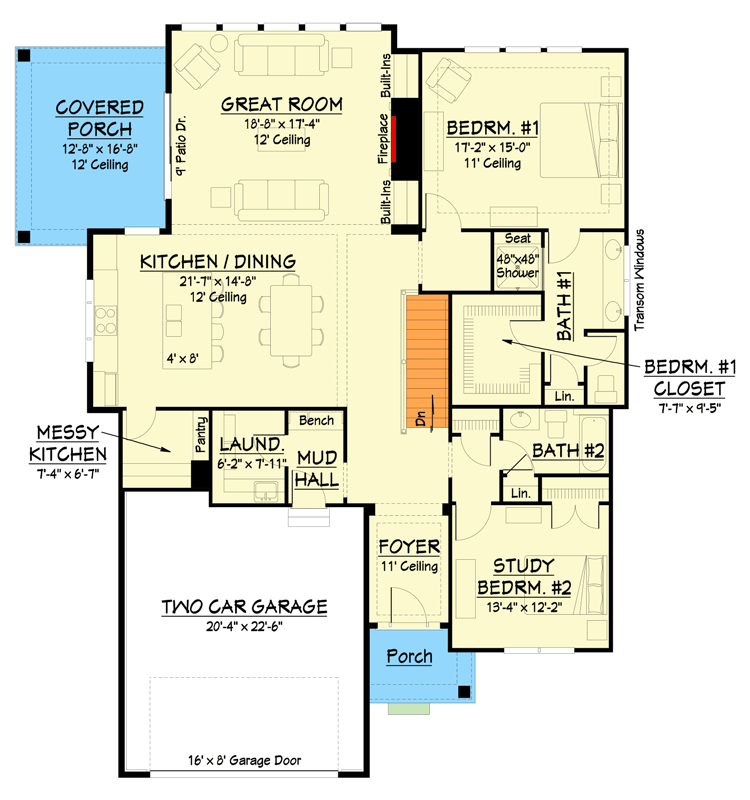 Plan 250100LRY: 3000 Square Foot Country Cottage House Plan with Flex Room and Partially Finished Lower Level - Floor Plan - Main Level - Cottage, Country, Traditional