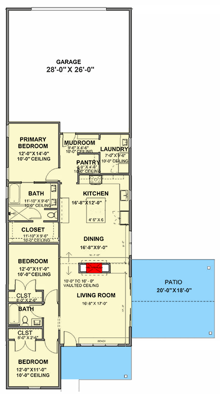 Plan 380010ASH: 50-Foot-Wide 1720 Square Foot House Plan with 2-Sided Fireplace - Floor Plan - Main Level