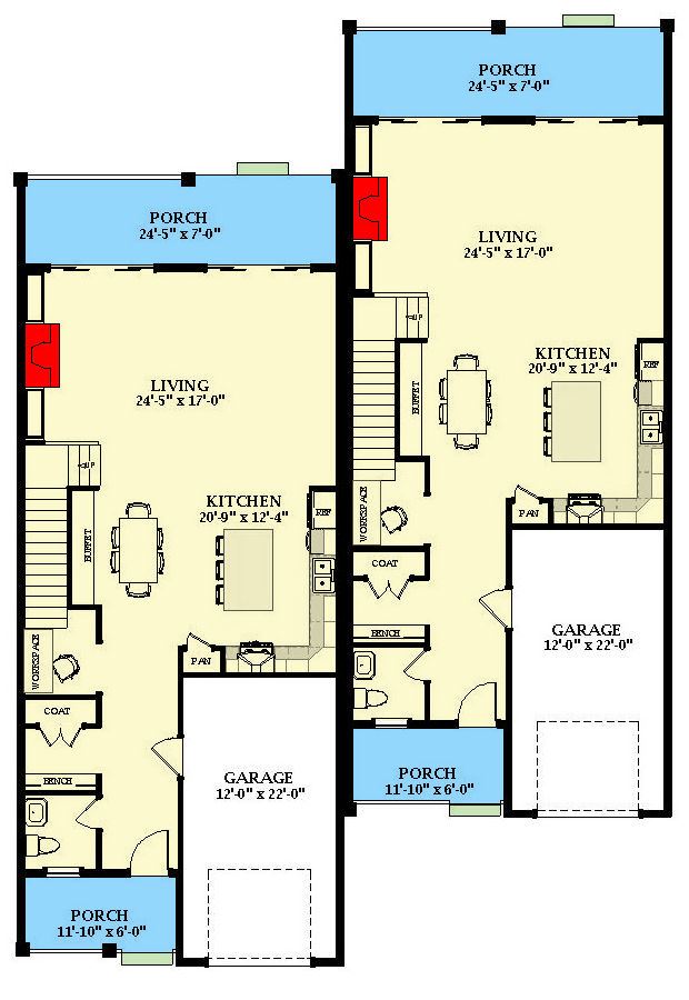 Plan 46505LA: Contemporary Duplex House Plan with Identical 3-Bed Units Under 2300 Square Feet - Floor Plan - Main Level - Contemporary, New American, Prairie, Transitional