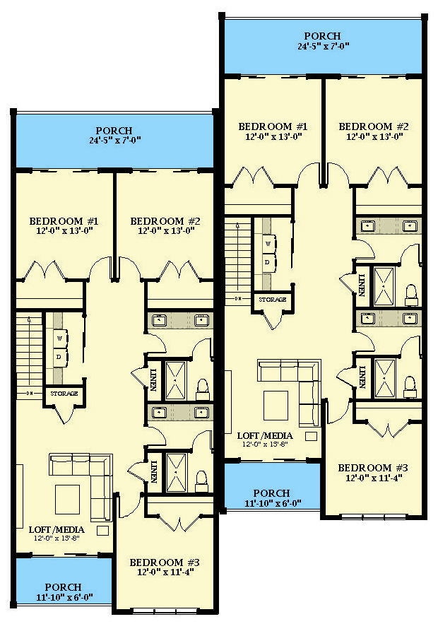 Plan 46505LA: Contemporary Duplex House Plan with Identical 3-Bed Units Under 2300 Square Feet - Floor Plan - 2nd Floor - Contemporary, New American, Prairie, Transitional